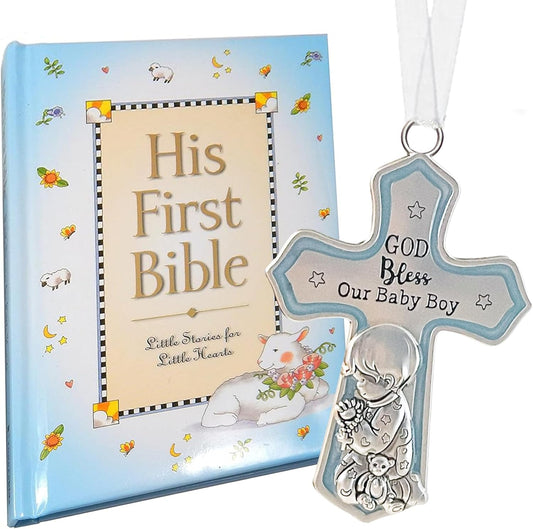 Baby Boy First Bible and Catholic Baptism Guardian Angel Crib Cross Set for Boys