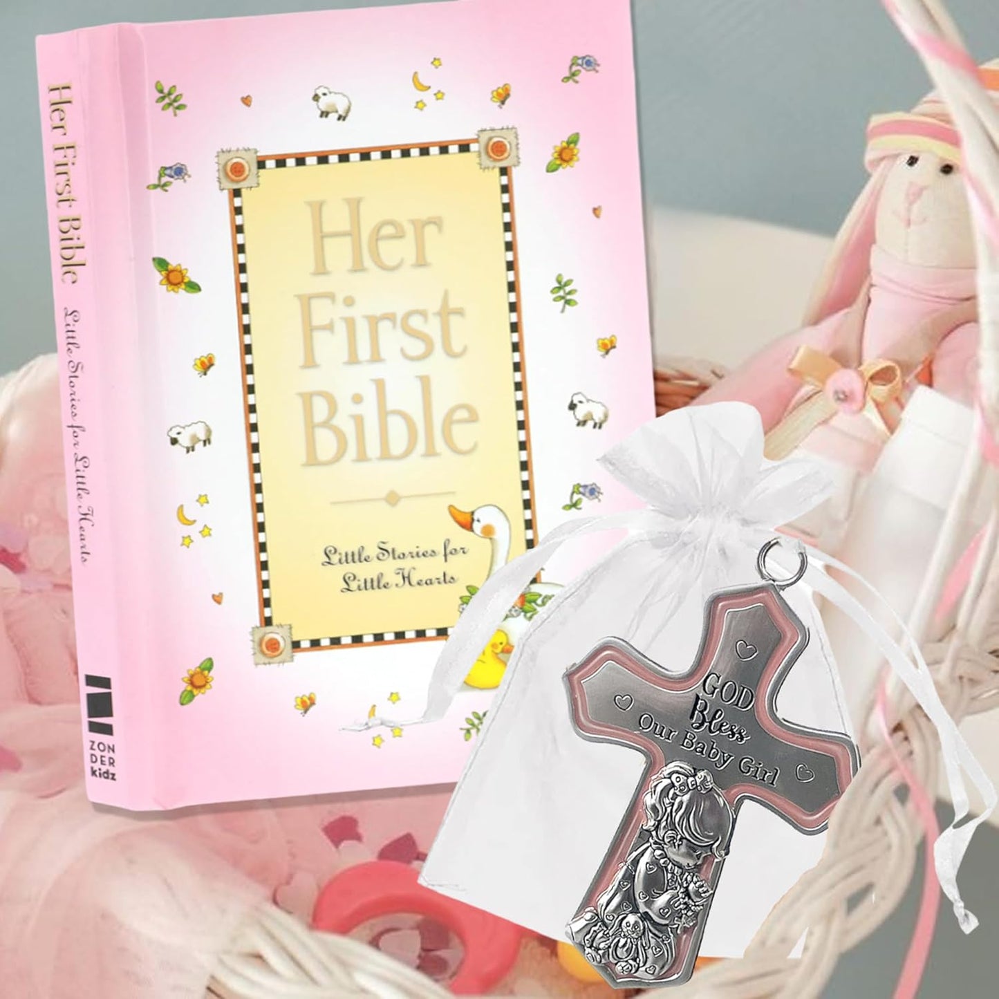 Baby Girl First Bible and Catholic Baptism Guardian Angel Crib Cross Set