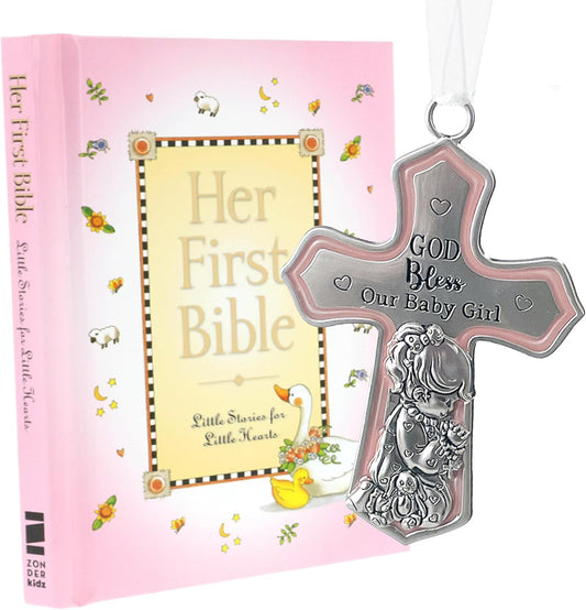 Baby Girl First Bible and Catholic Baptism Guardian Angel Crib Cross Set