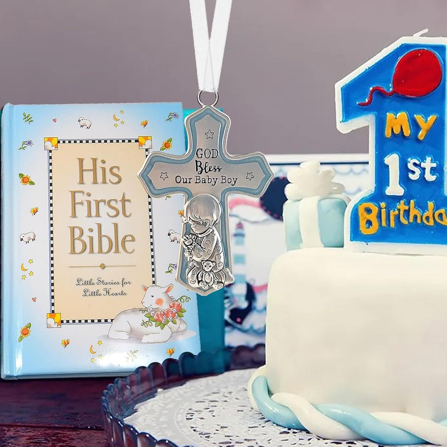 Baby Boy First Bible and Catholic Baptism Guardian Angel Crib Cross Set for Boys