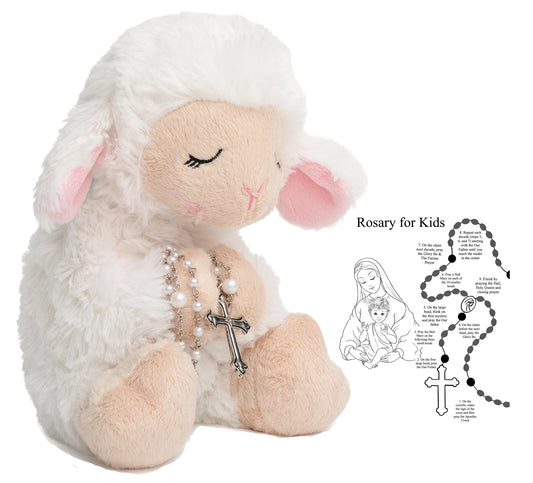Blessed Plush Lamb with Rosary Set and Prayer Pamphlet