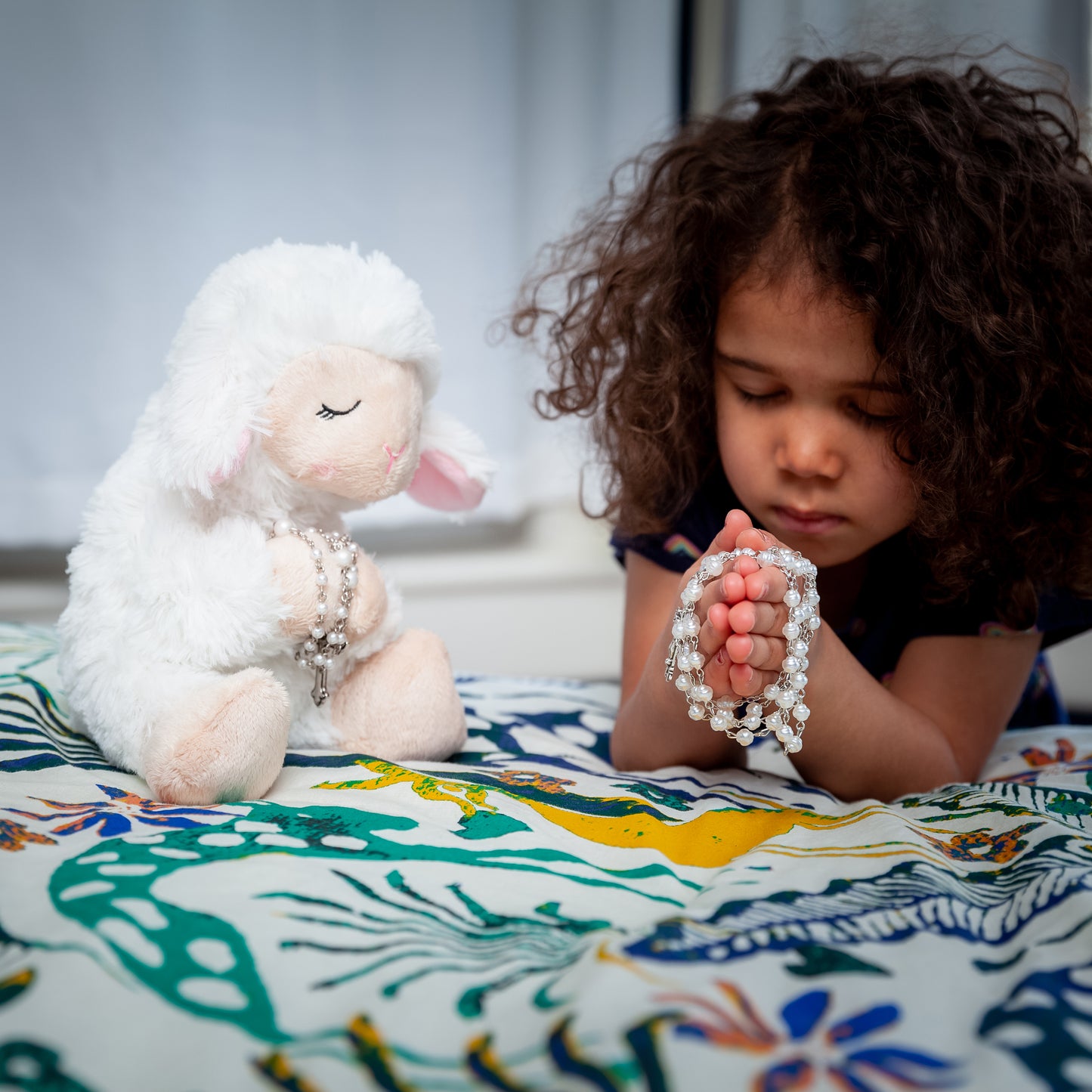 Blessed Plush Lamb with Rosary Set and Prayer Pamphlet